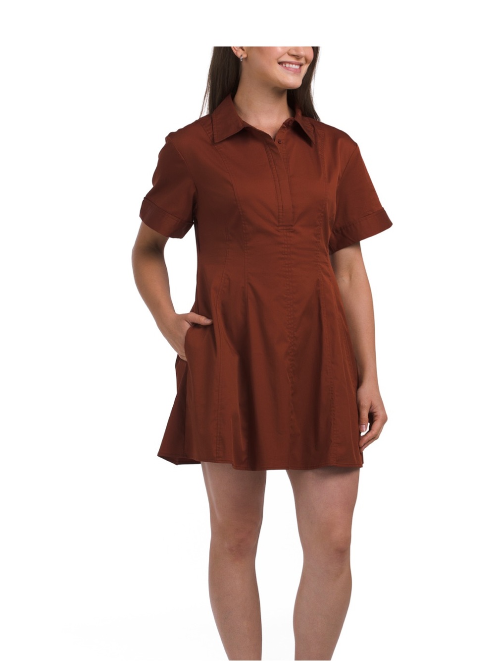 Caroline Constas Short-Sleeve Collared Mini Dress in Rust